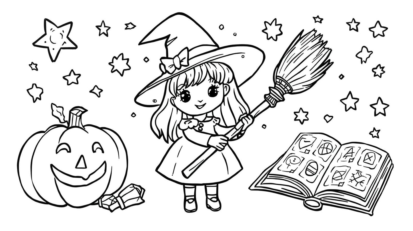 Digital Coloring Page , Activity Pages + Certificate of The Little Witch Wh Painted the Sky Orange - Artzy Monkey Channel